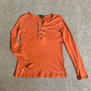 LAUREN Ralph Lauren Brunt Orange Lace-up Neckline Top - 100% Cotton - Size M